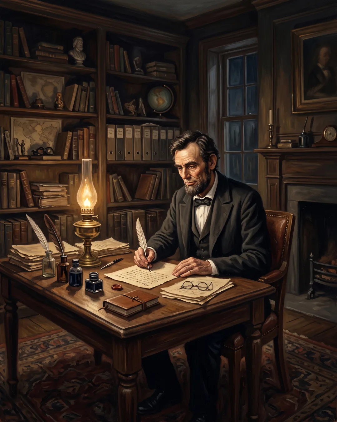 Illustrated portrait of Abraham Lincoln seated late at night in the telegraph office, a draft proclamation and spectacles under lamplight.