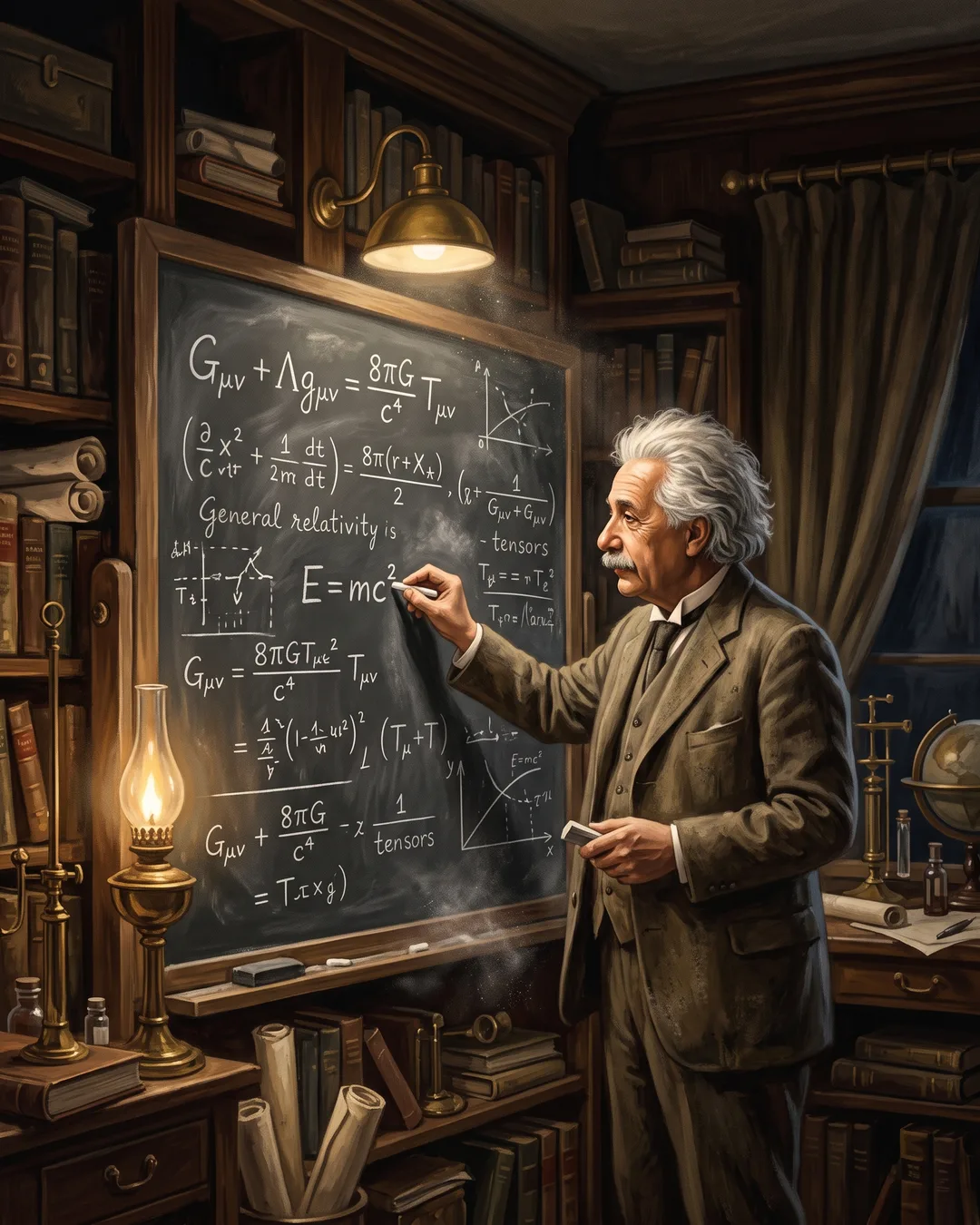 Illustrated portrait of Albert Einstein at a patent office desk, drafts on light quanta and moving bodies stacked beside a clock.