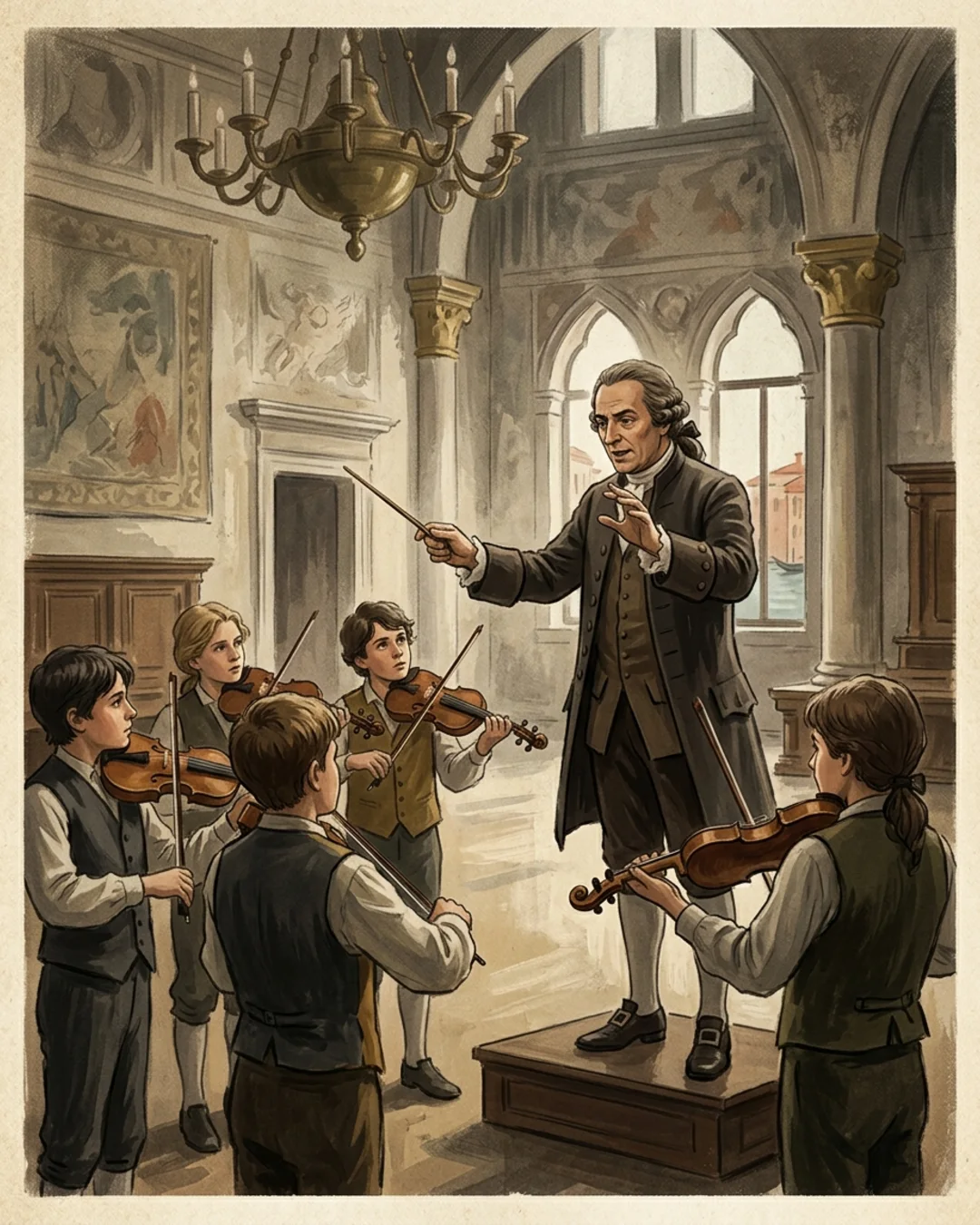 Illustrated portrait of Antonio Vivaldi with violin and bow in a candlelit Venetian chapel gallery, an ornamental grille screening the players behind him.