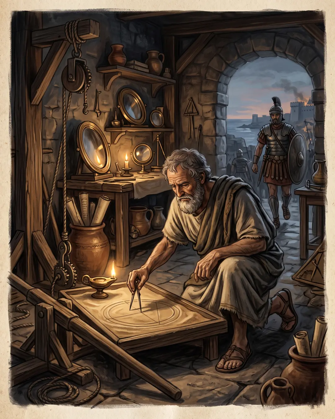 Illustrated portrait of Archimedes drawing circles in sand beside a water basin and a rig of compound pulleys in a Syracuse courtyard.