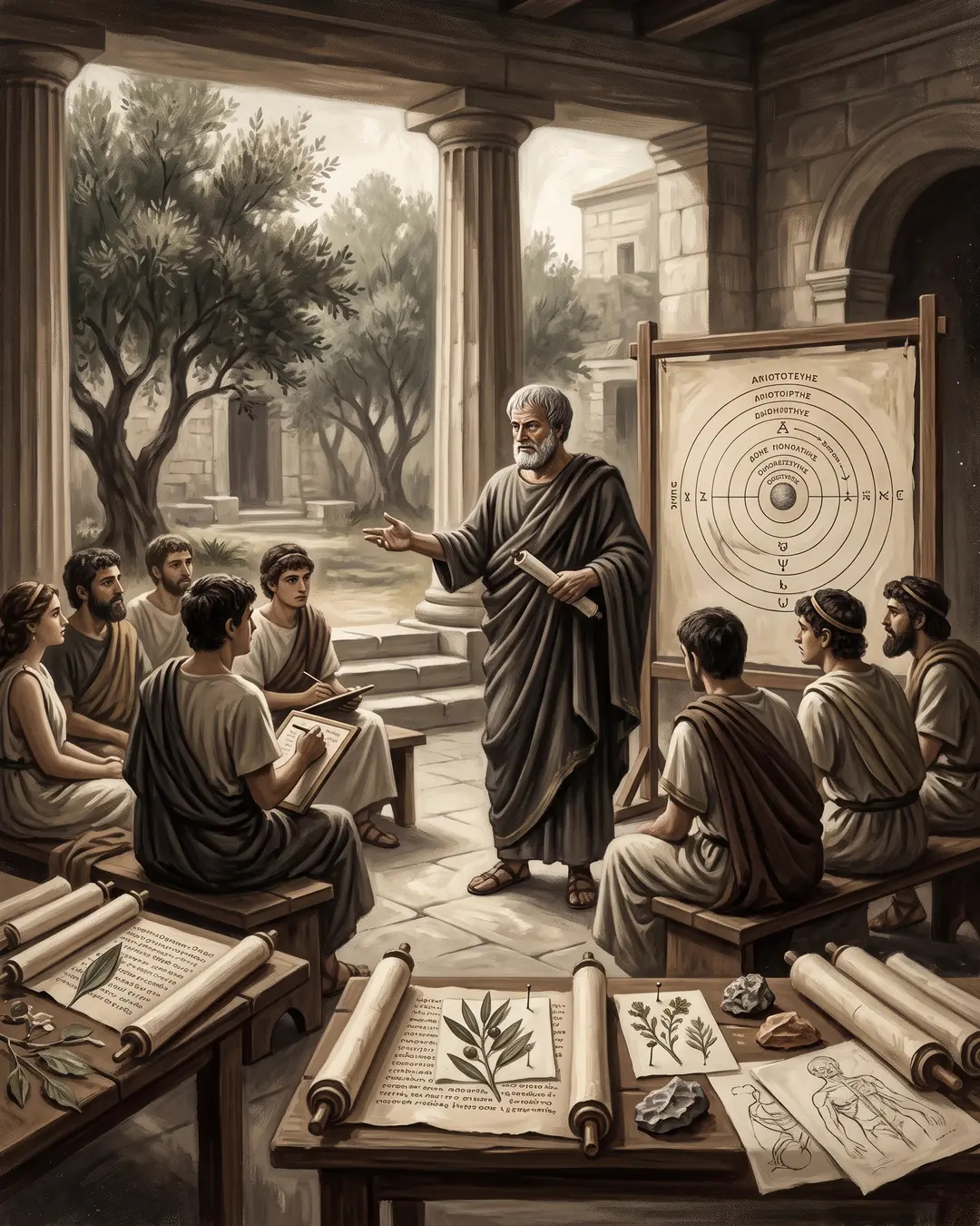 Illustrated portrait of Aristotle examining a dissected sea creature on a Lesbos shoreline, wax tablet resting on his knee.