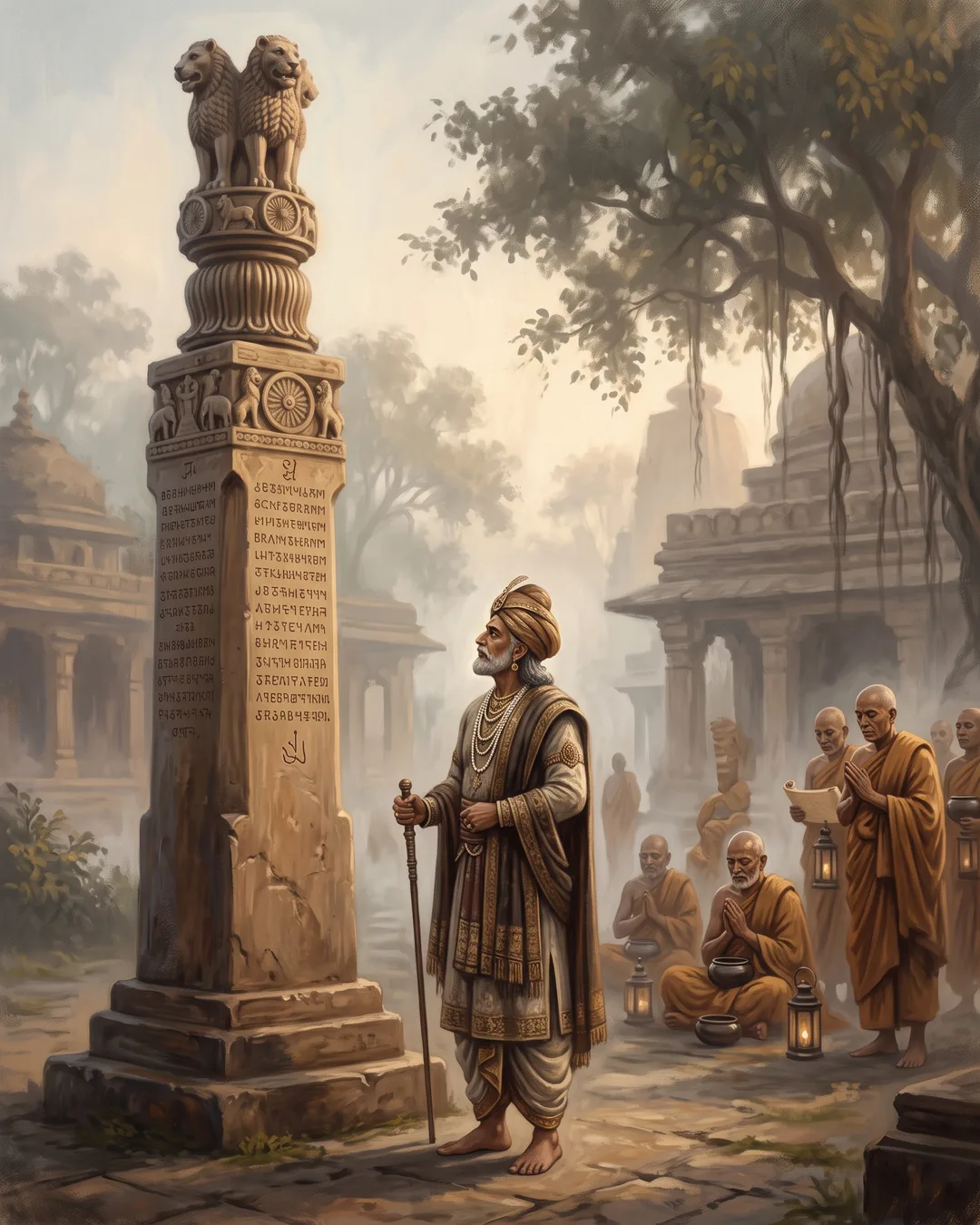 Illustrated portrait of Ashoka standing before a freshly carved rock edict while masons polish a tall sandstone pillar behind him.