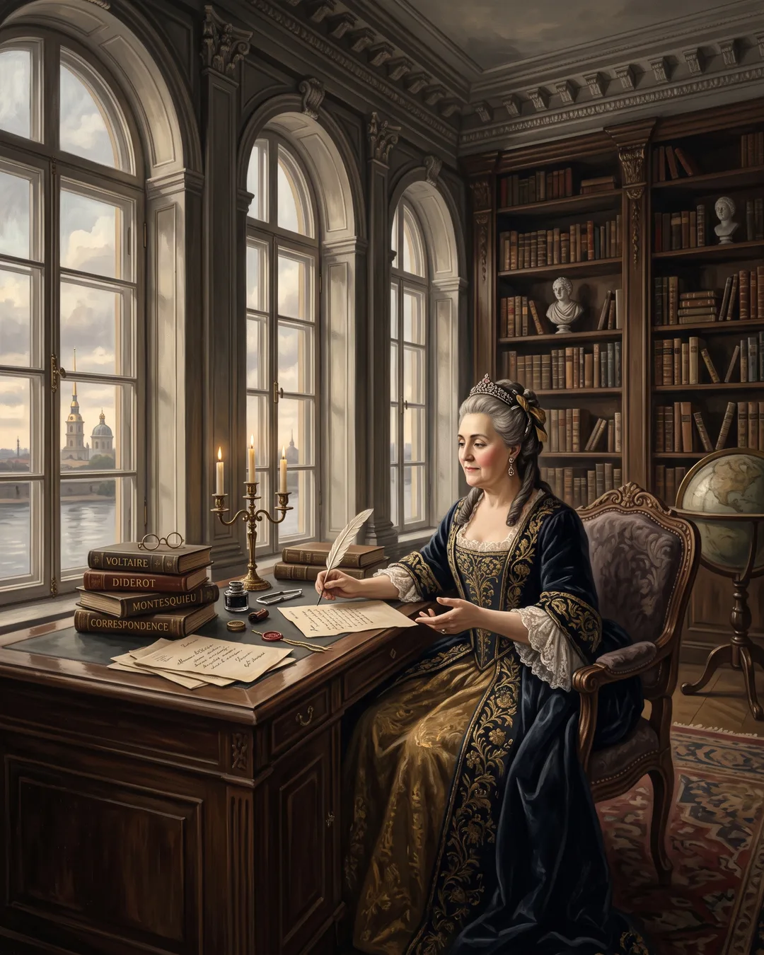 Illustrated portrait of Catherine the Great at a writing desk in a candlelit palace study, draft legal papers and French books beside her.