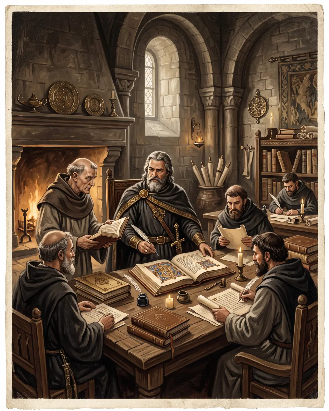 Illustrated portrait of Charlemagne at Aachen dictating to a scribe, a Carolingian manuscript open on the lectern beside him.