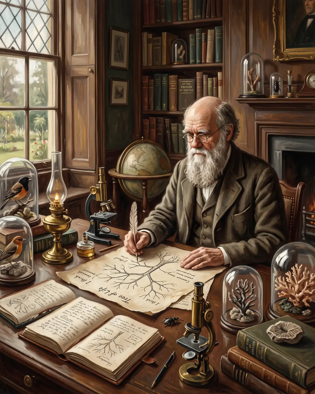 Illustrated portrait of Charles Darwin at a cluttered study desk with bird specimens, barnacle jars and an open notebook.