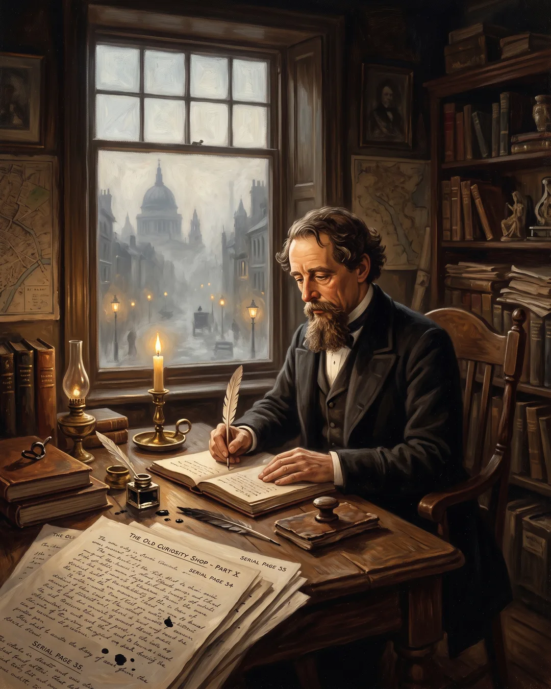 Illustrated portrait of Charles Dickens striding through a gaslit London street at night, coat flying, notebook clutched under one arm.