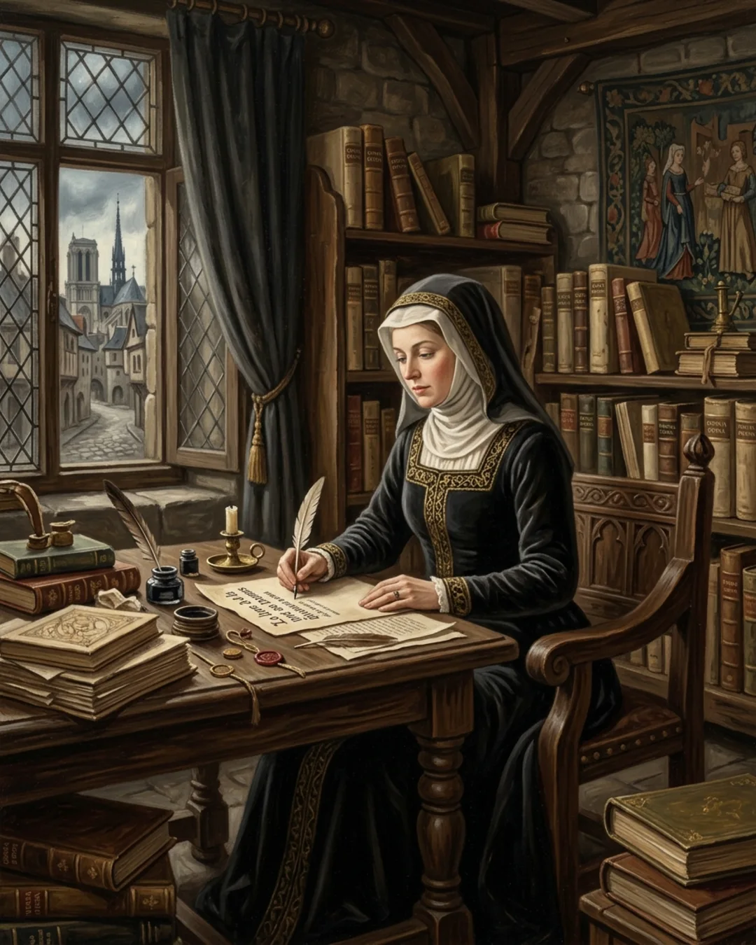 Illustrated portrait of Christine de Pizan writing at a lectern in a Paris chamber, a small dog at her feet and bound presentation manuscripts stacked nearby.