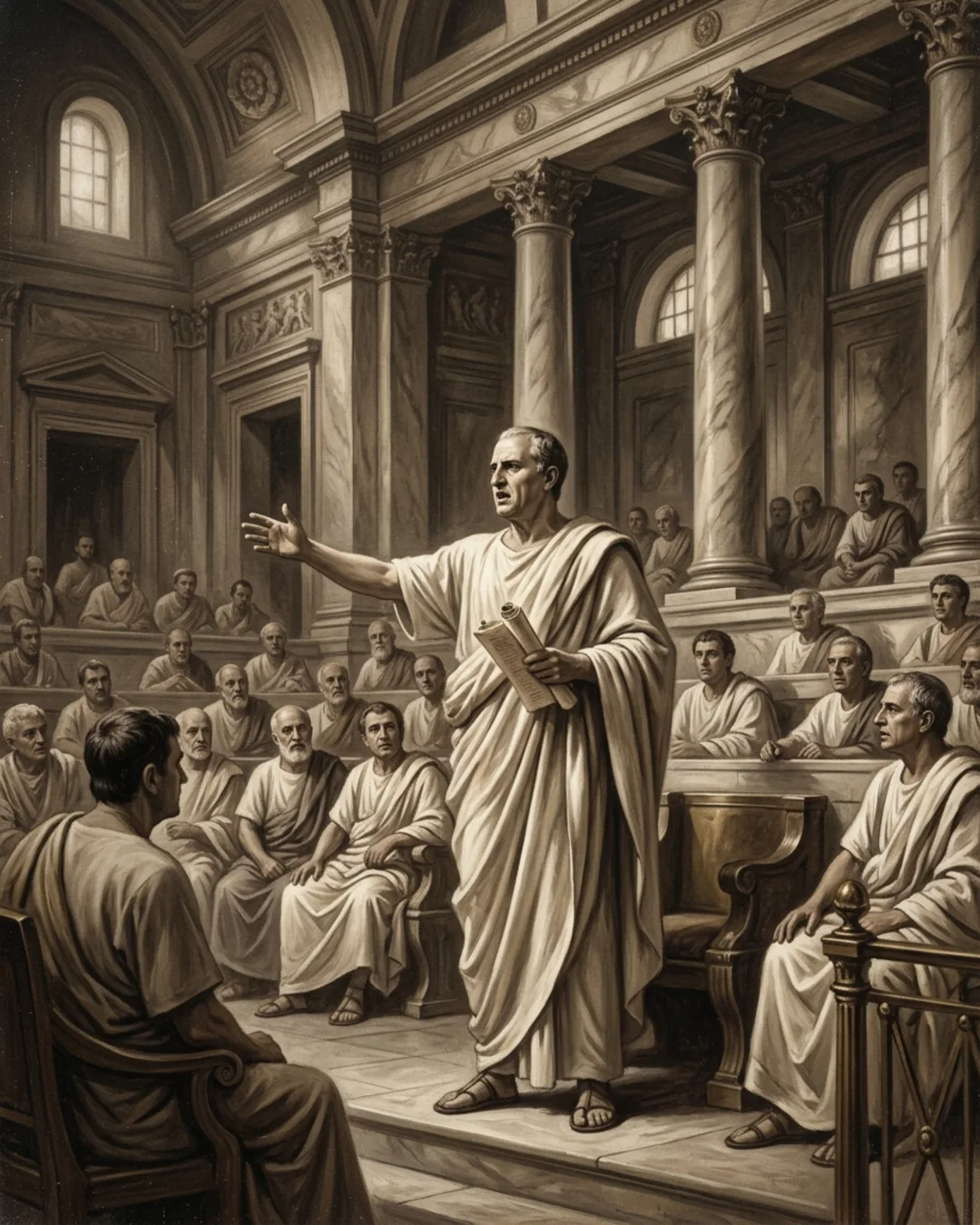 Illustrated portrait of Cicero speaking in the Roman forum, one arm raised toward a seated row of senators as a scribe takes down his words.