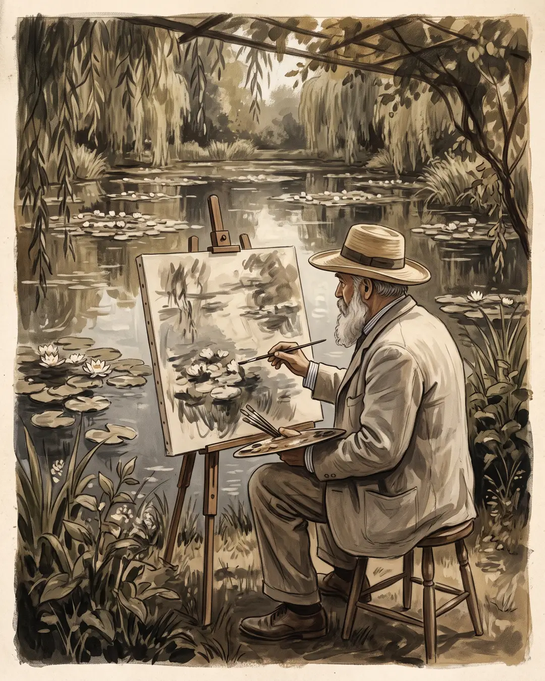 Illustrated portrait of Claude Monet in a straw hat at his easel beside the lily pond at Giverny, palette loaded with blues and greens.