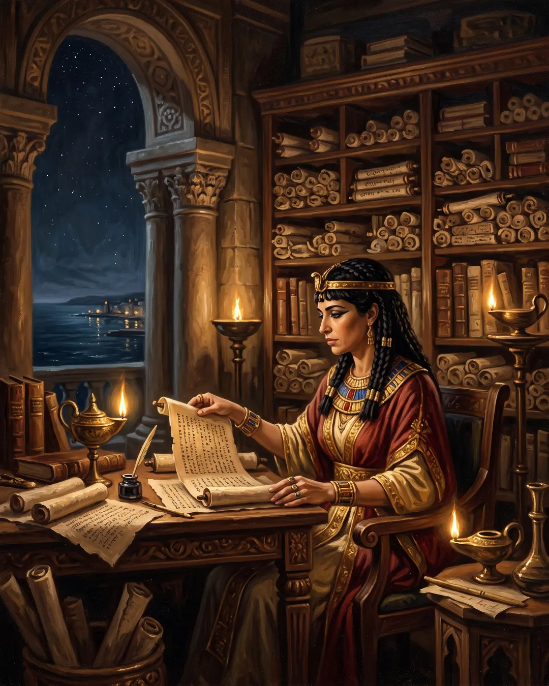 Illustrated portrait of Cleopatra VII in royal Egyptian dress studying scrolls in a lamplit Alexandrian palace hall.