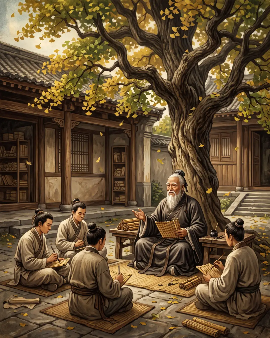 Illustrated portrait of Confucius in scholar's robes teaching a circle of disciples beneath an old tree.
