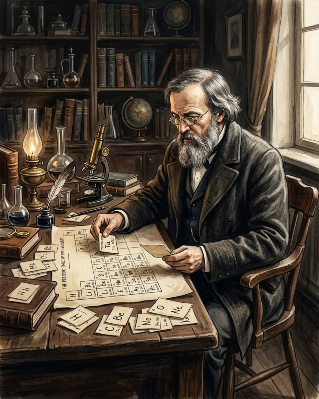 Illustrated portrait of Dmitri Mendeleev with wild hair and beard, arranging handwritten element cards across a cluttered St Petersburg desk.