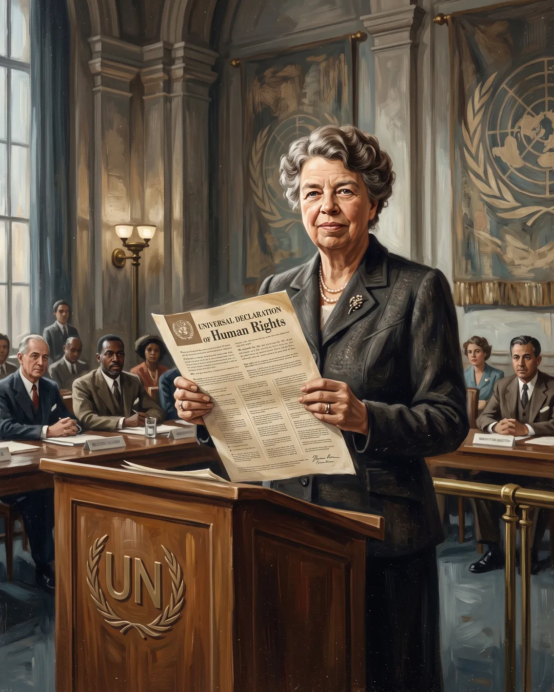 Illustrated portrait of Eleanor Roosevelt holding up the printed Universal Declaration of Human Rights, delegates blurred behind her.