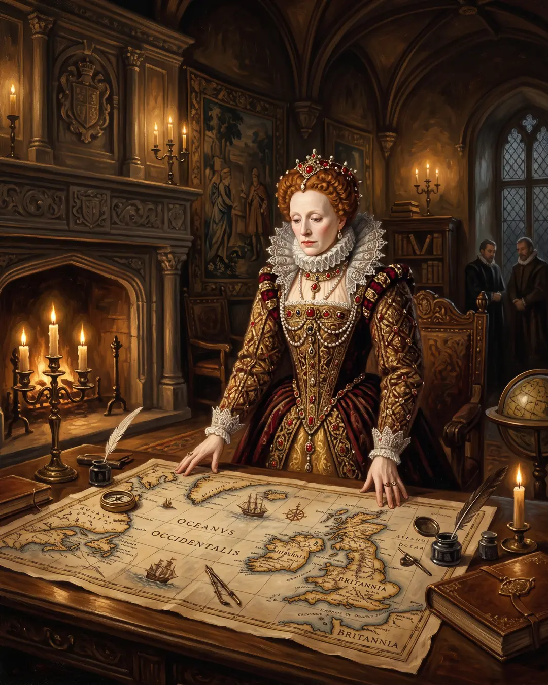 Illustrated portrait of Elizabeth I in a pearl-sewn gown at a council table, unsigned warrants and a candle before her.