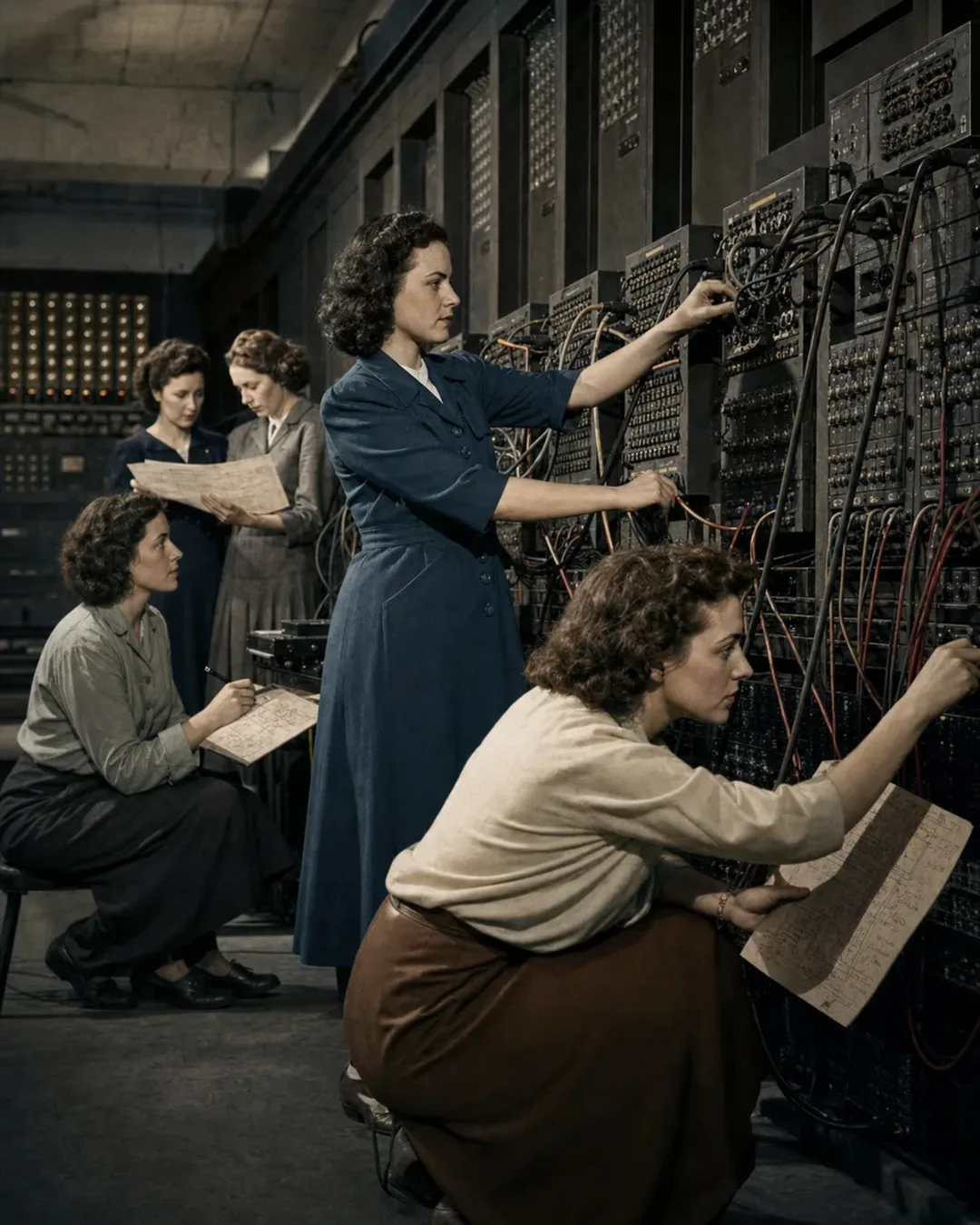 Women programmers configuring ENIAC panels, cables and switches in 1945