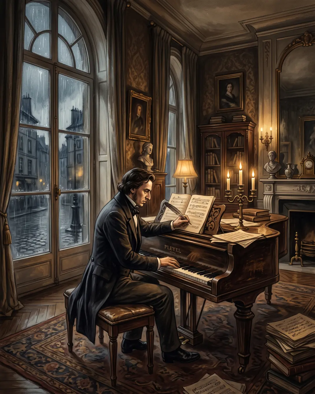 Illustrated portrait of Frederic Chopin at a candlelit piano in a Paris salon, listeners leaning in from the shadows.