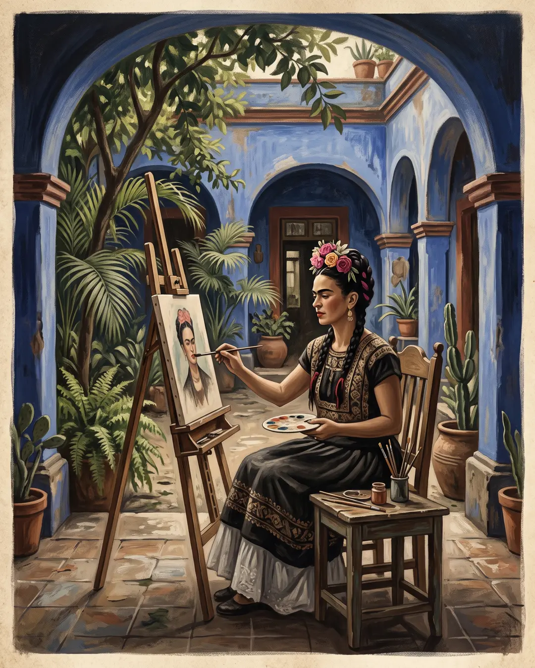 Illustrated portrait of Frida Kahlo seated before an easel in a blue courtyard, a mirror angled above a narrow bed behind her.