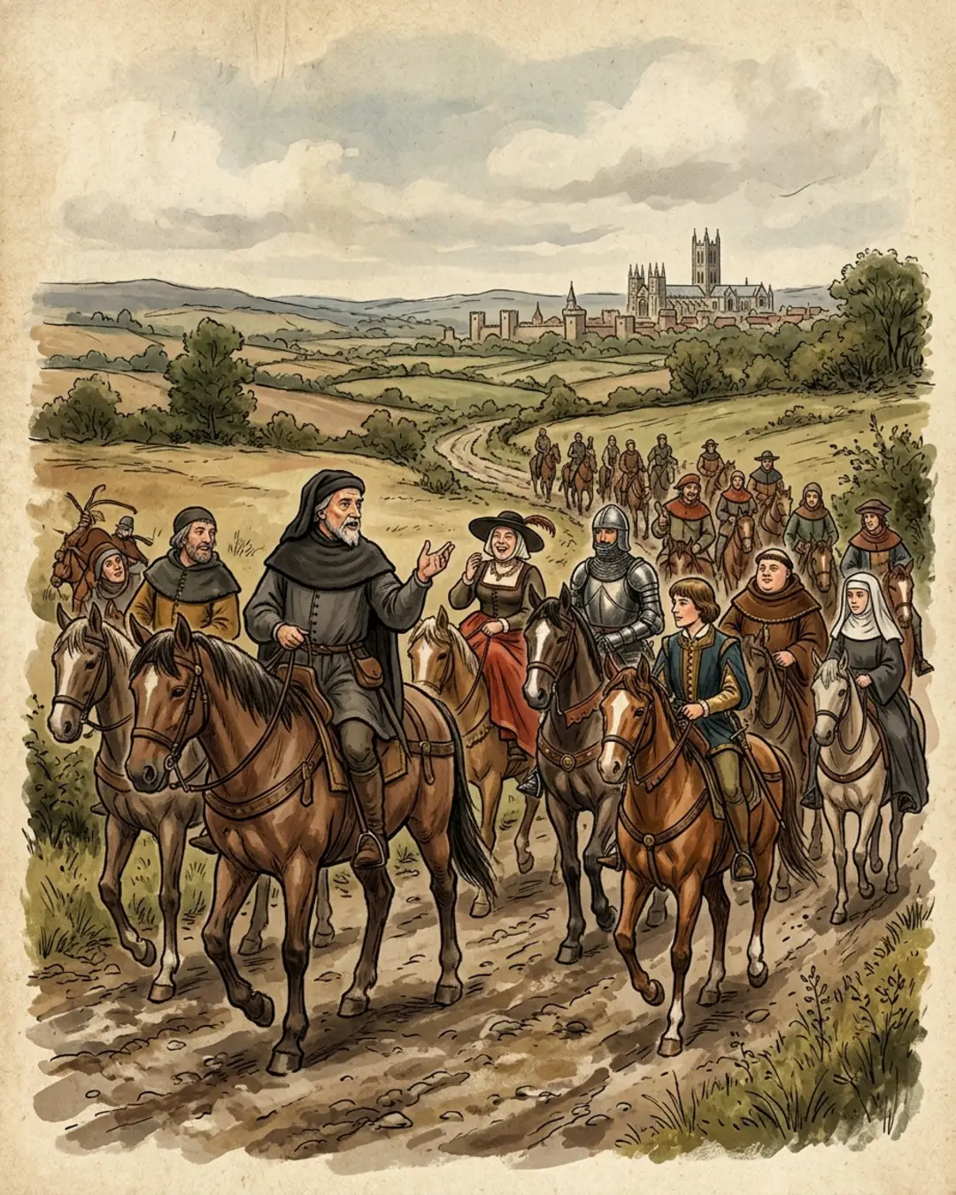 Illustrated portrait of Geoffrey Chaucer at a cluttered customs desk beside London's wool quay, tally sticks and a half-written manuscript before him.