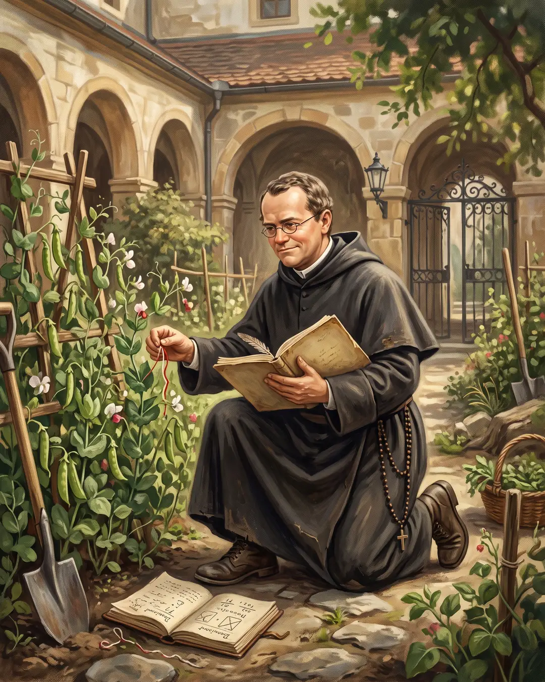 Illustrated portrait of Gregor Mendel in a friar's habit kneeling among staked pea vines in a walled monastery garden, tally book in hand.