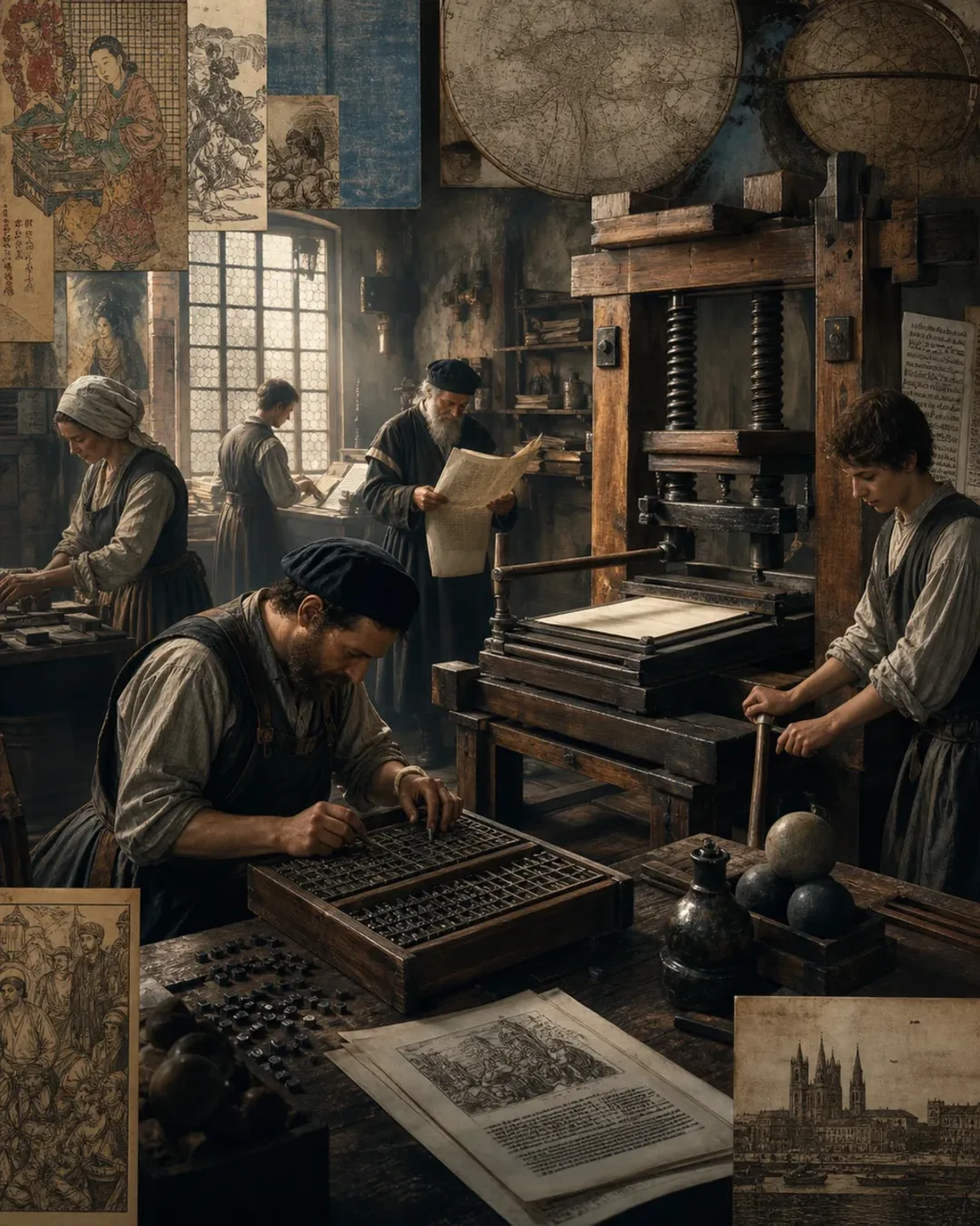 A fifteenth-century Mainz workshop using movable metal type and a wooden printing press