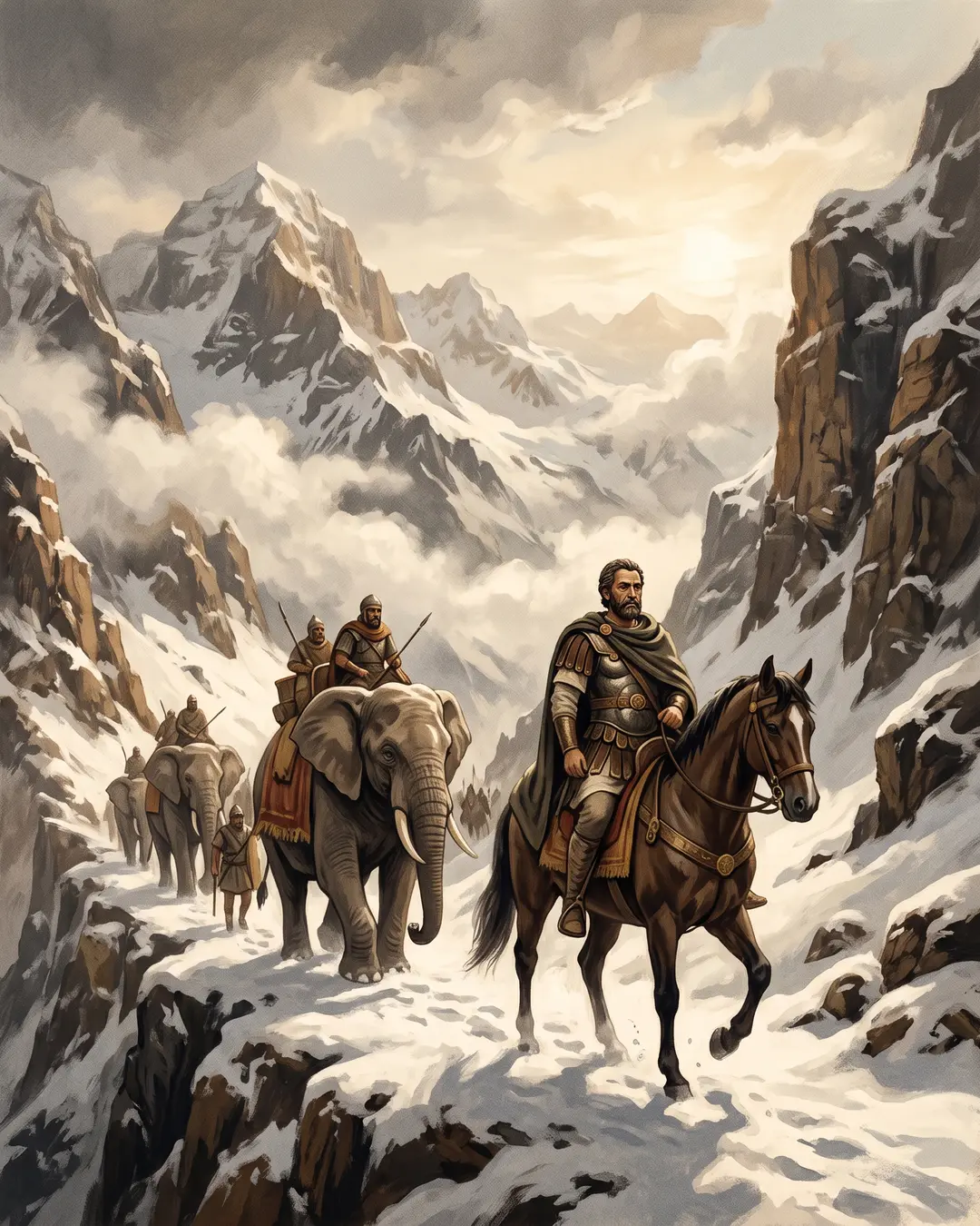 Illustrated portrait of Hannibal Barca in a scarred bronze cuirass on a snowbound Alpine pass, war elephants labouring in the column behind.