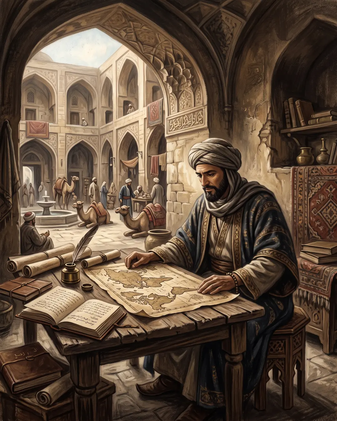 Illustrated portrait of Ibn Battuta in a traveler's cloak at the edge of a resting caravan, dictating notes as camels kneel behind him.