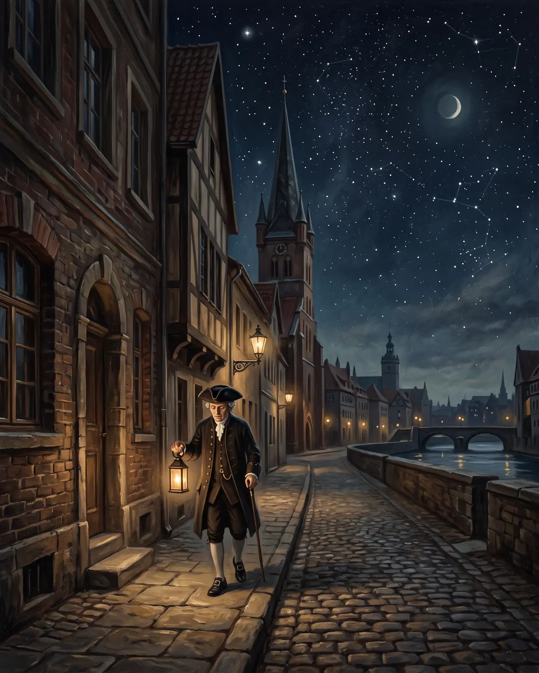 Illustrated portrait of Immanuel Kant on his afternoon walk through Konigsberg, townspeople checking their watches as he passes.