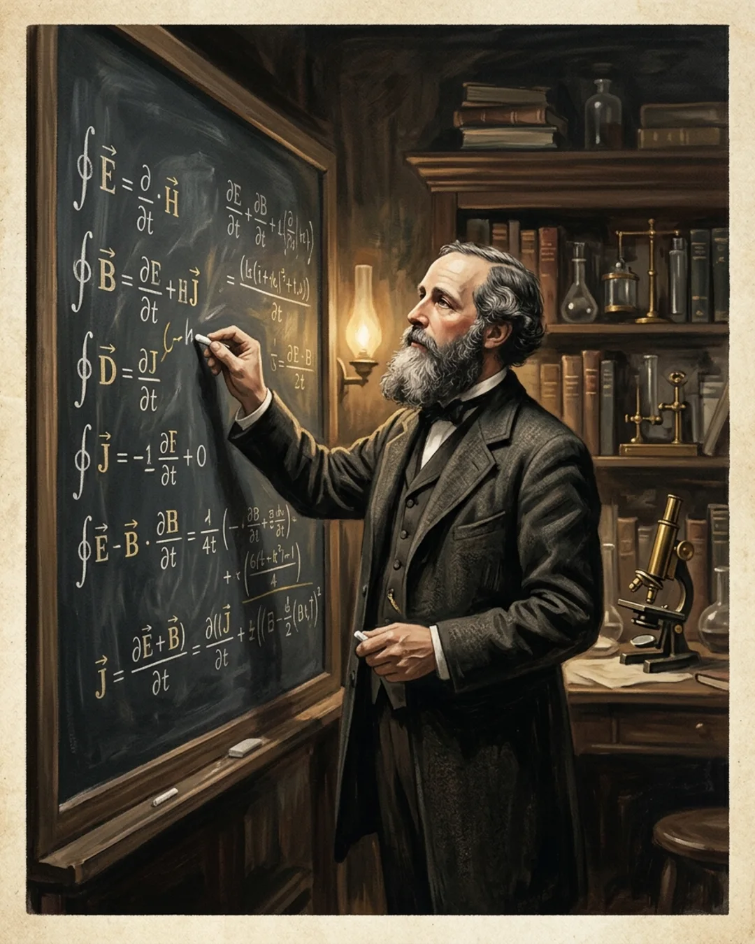 Illustrated portrait of James Clerk Maxwell at a study desk with a colour-mixing disc and pages of field equations, a Scottish window behind him.