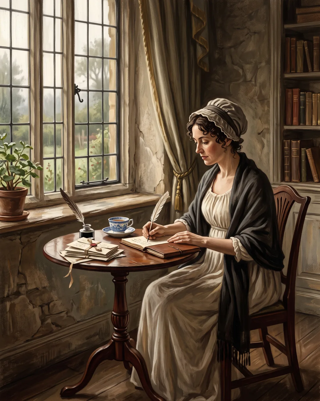Illustrated portrait of Jane Austen writing at a small table by a cottage window, a letter half-covered beside her manuscript.