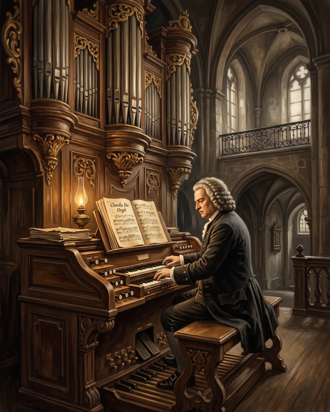 Illustrated portrait of Johann Sebastian Bach at a church organ console, ink-stained fingers on the keys, a boys' choir waiting behind him.