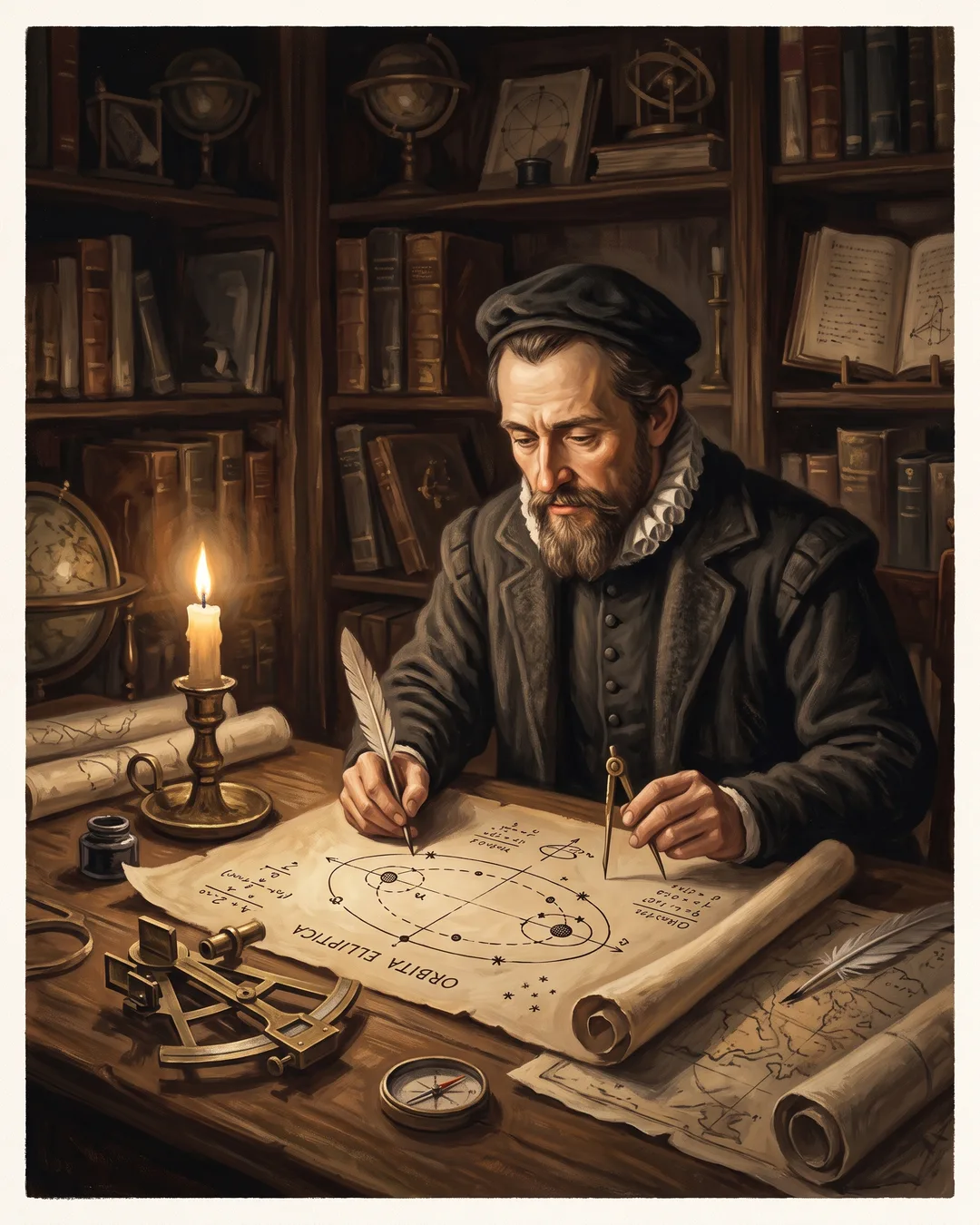 Illustrated portrait of Johannes Kepler at a candlelit desk, compasses in hand over a diagram of an elliptical orbit.