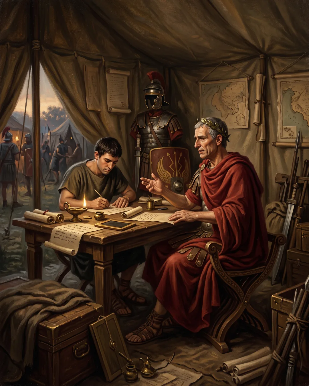 Illustrated portrait of Julius Caesar in a red commander's cloak at a river crossing at dawn, legionary standards massed behind him.