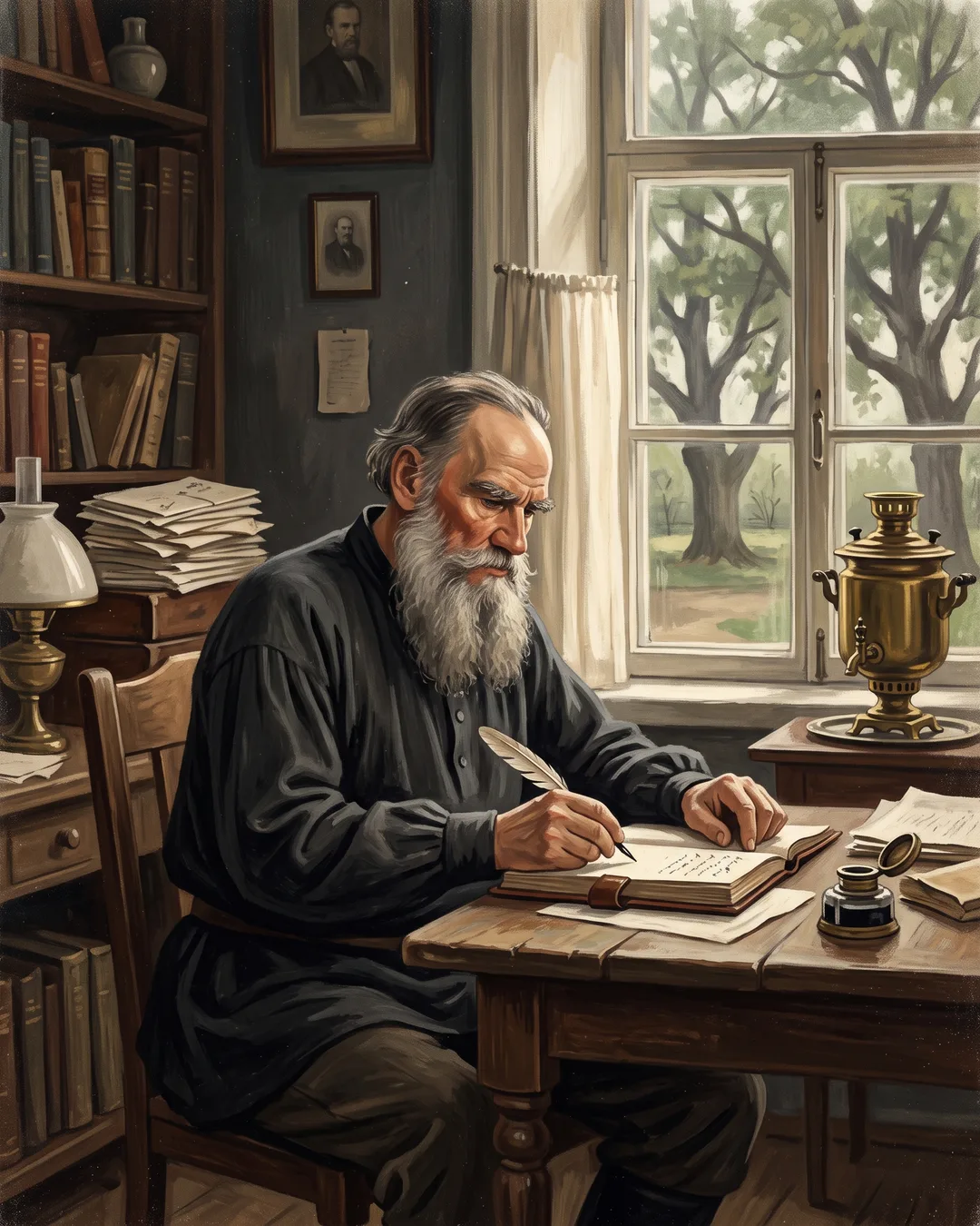 Illustrated portrait of an aged Leo Tolstoy in a peasant blouse at the edge of a birch wood, walking stick in hand, eyes fierce under white brows.