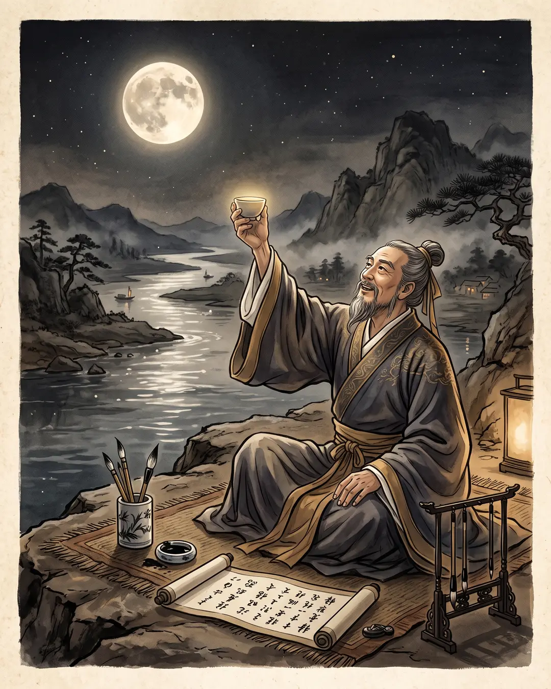 Illustrated portrait of Li Bai on a river terrace at night, wine cup raised toward a full moon reflected in dark water.