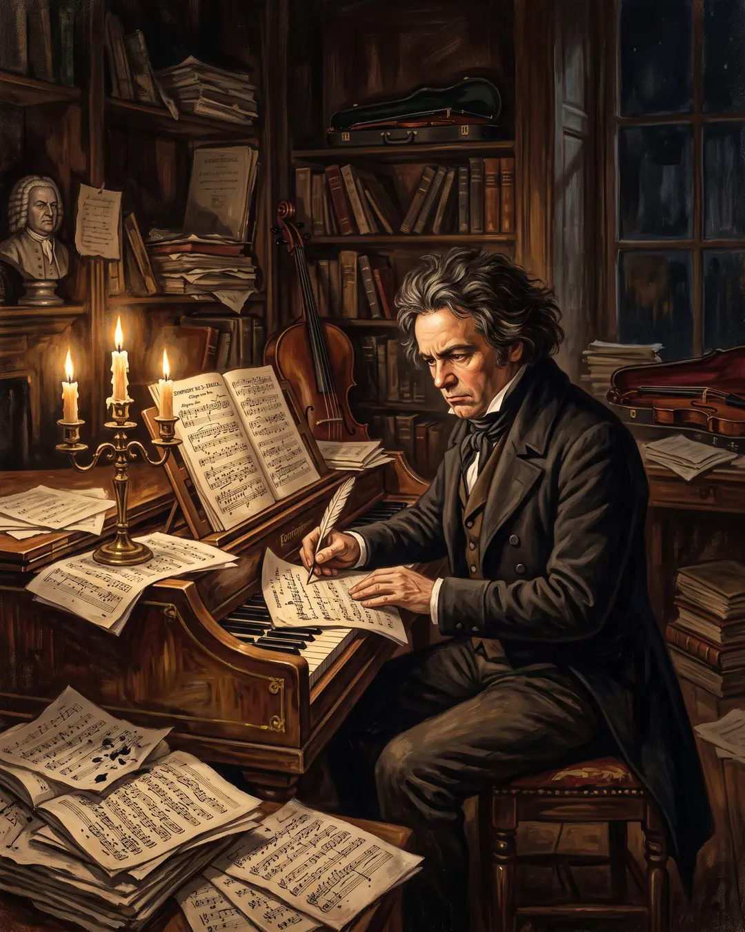 Illustrated portrait of Beethoven hunched over a piano in a cluttered Vienna room, sketchbooks and an ear trumpet at his side.