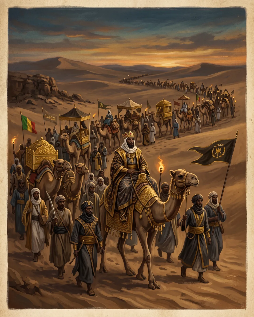Illustrated portrait of Mansa Musa on horseback leading a caravan across dunes, a gold staff raised against a low sun.