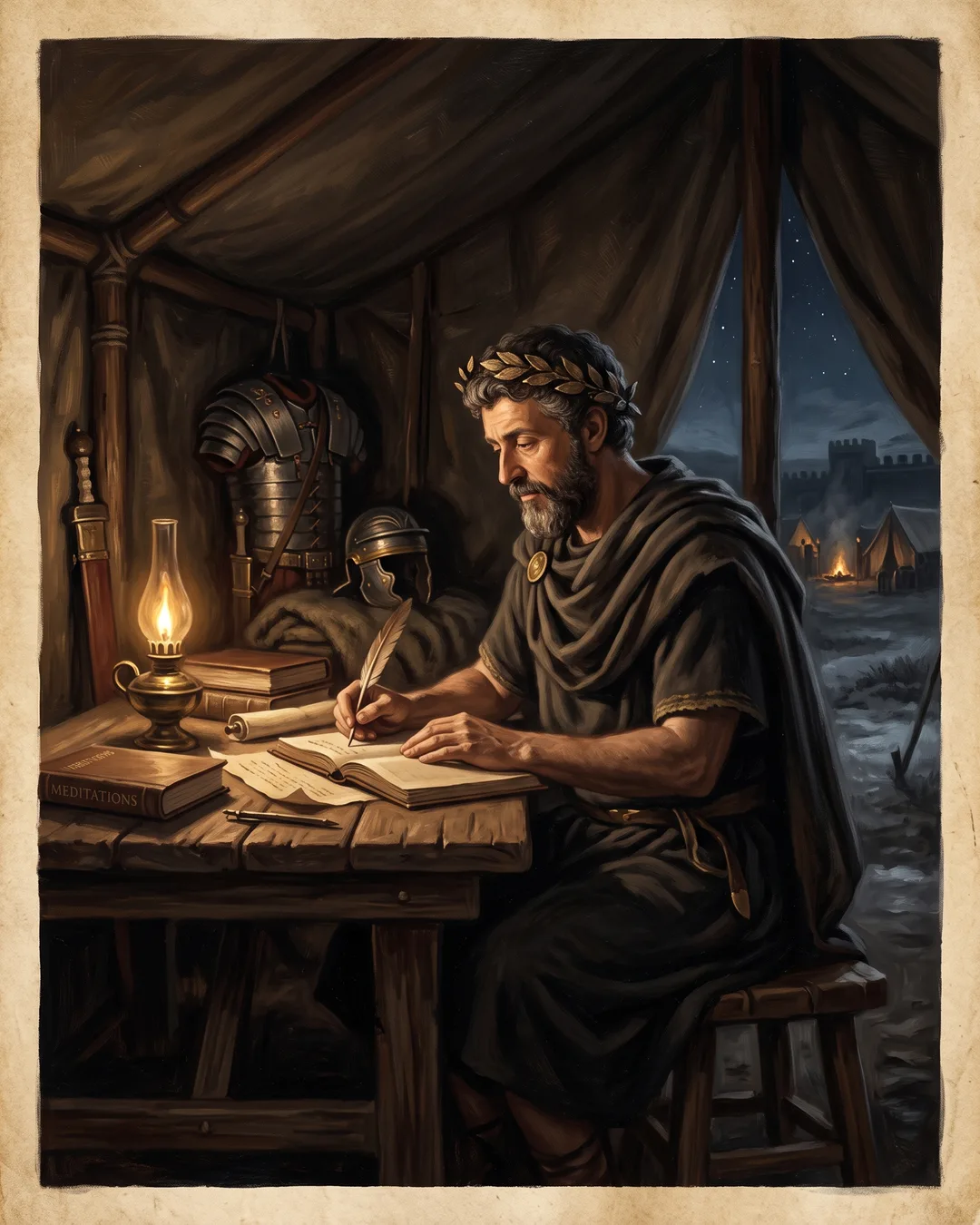 Illustrated portrait of Marcus Aurelius writing by lamplight in a campaign tent on the Danube frontier, his armour set aside.
