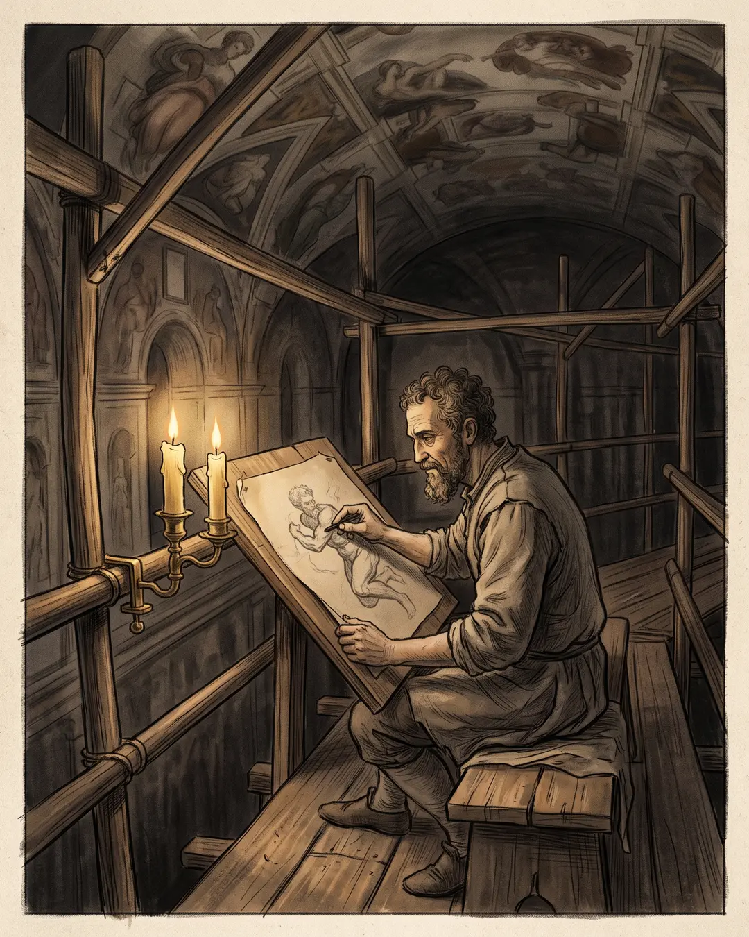 Illustrated portrait of Michelangelo on scaffolding beneath a vaulted chapel ceiling, head tilted back, brush raised against wet plaster.