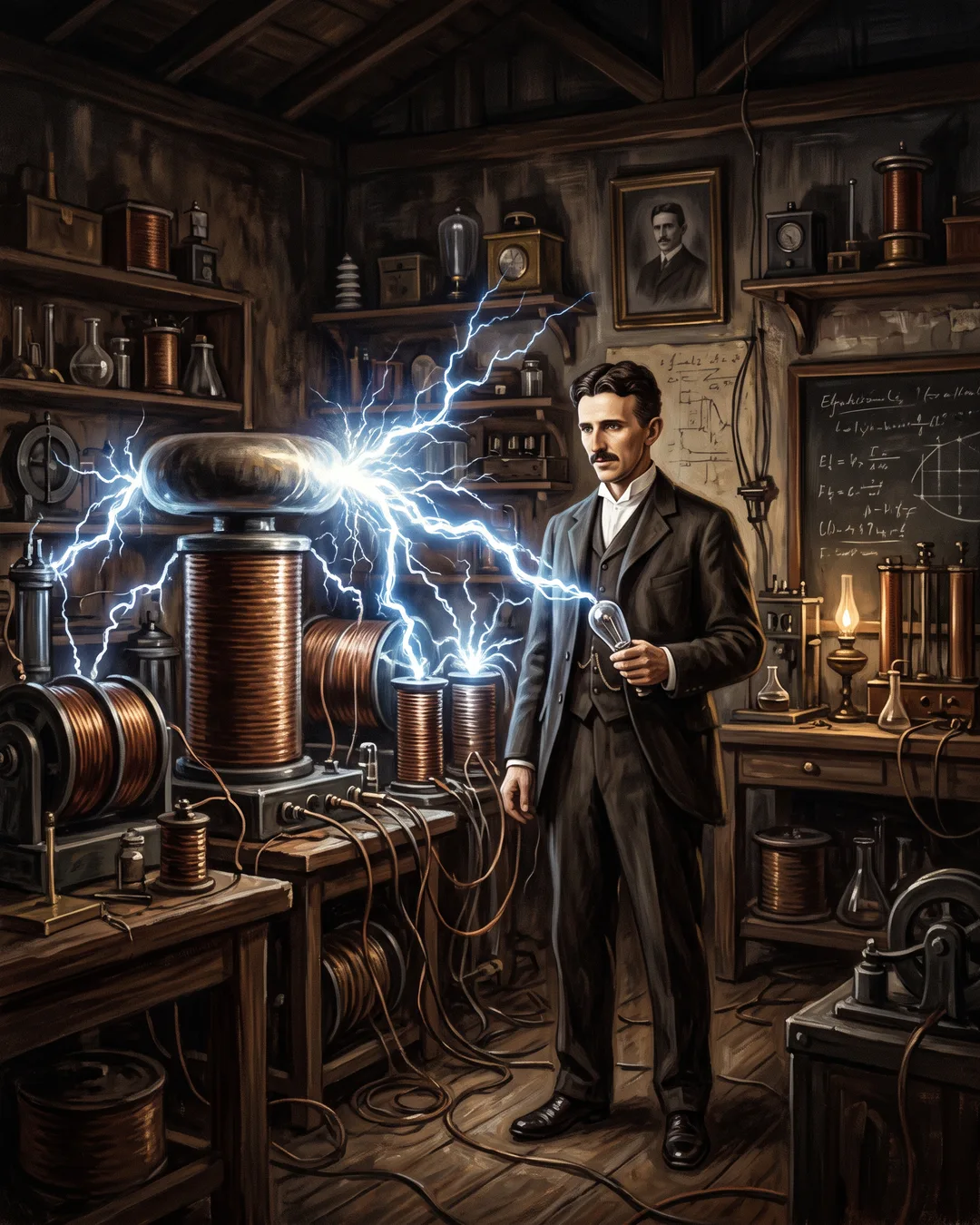 Illustrated portrait of Nikola Tesla in a dark suit inside a laboratory crackling with arcs of high-voltage discharge behind him.