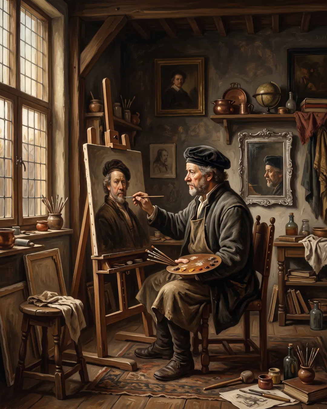 Illustrated portrait of Rembrandt van Rijn before a mirror in a dim Amsterdam studio, palette in hand, studying his own worn face.