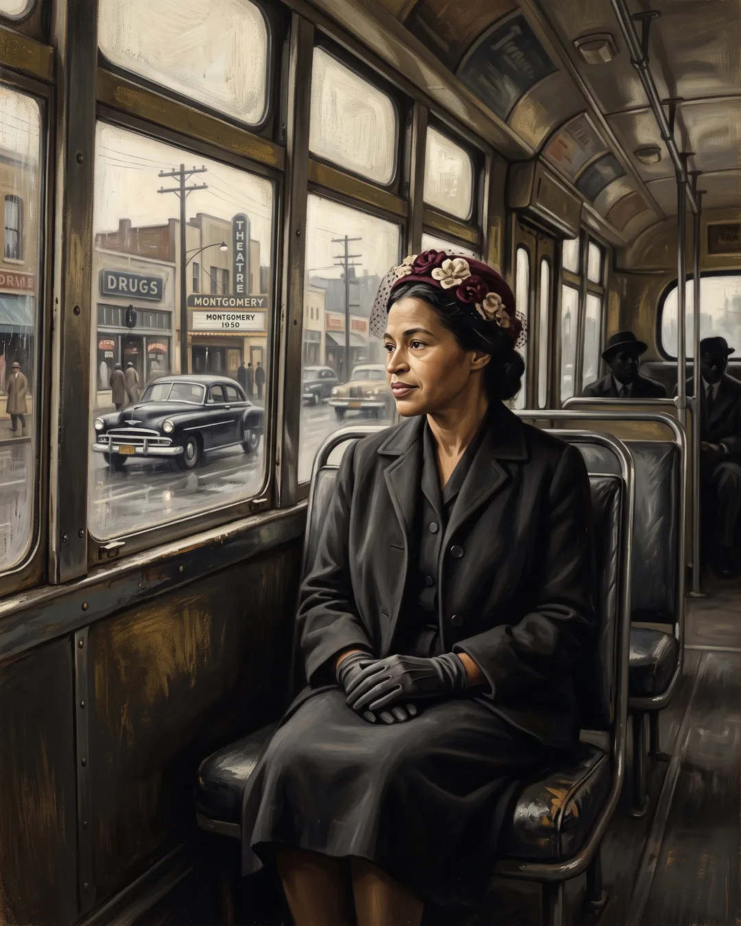 Illustrated portrait of Rosa Parks seated by a bus window in winter light, gloved hands folded, gaze steady and unhurried.