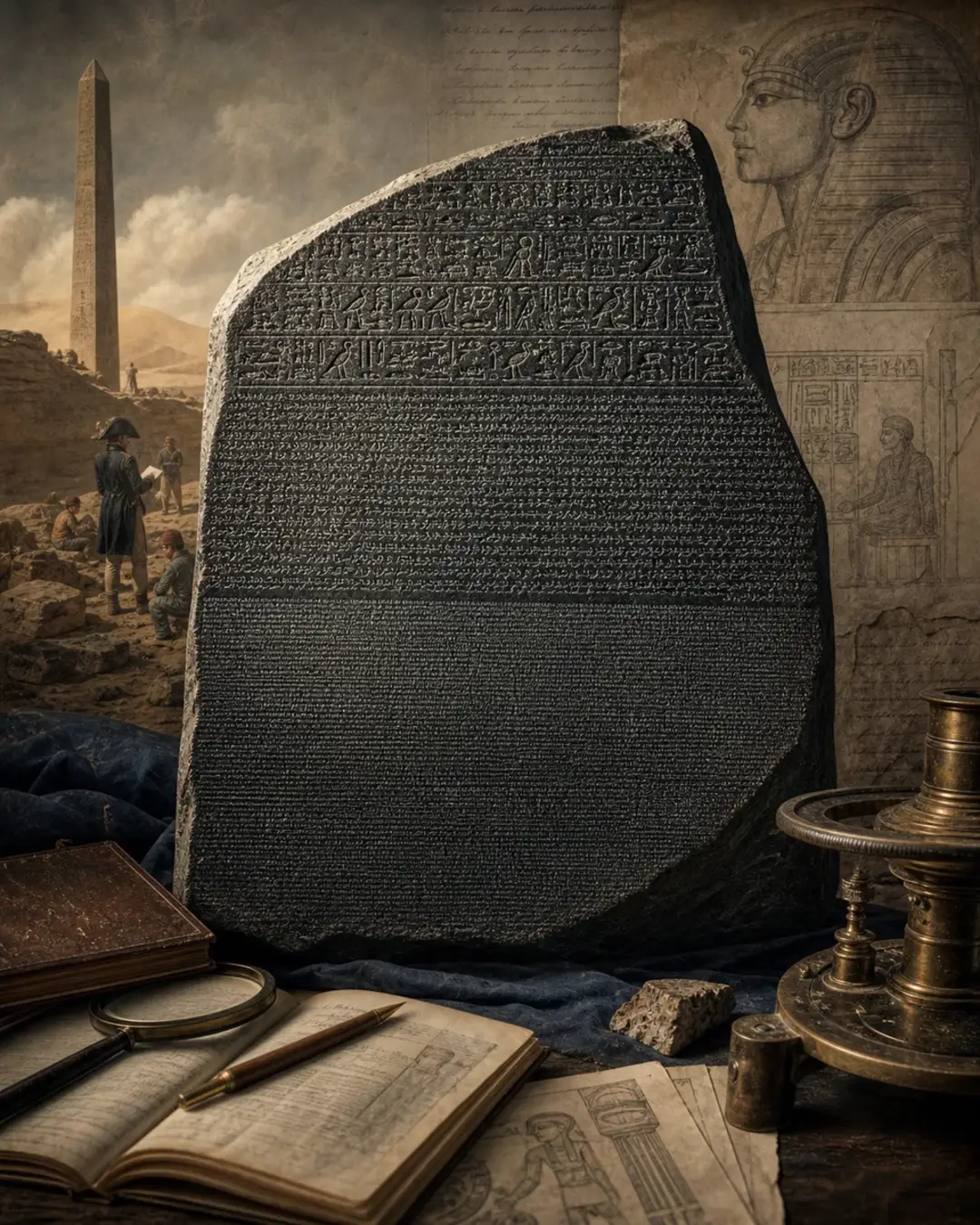 The Rosetta Stone surrounded by archaeological and scholarly materials
