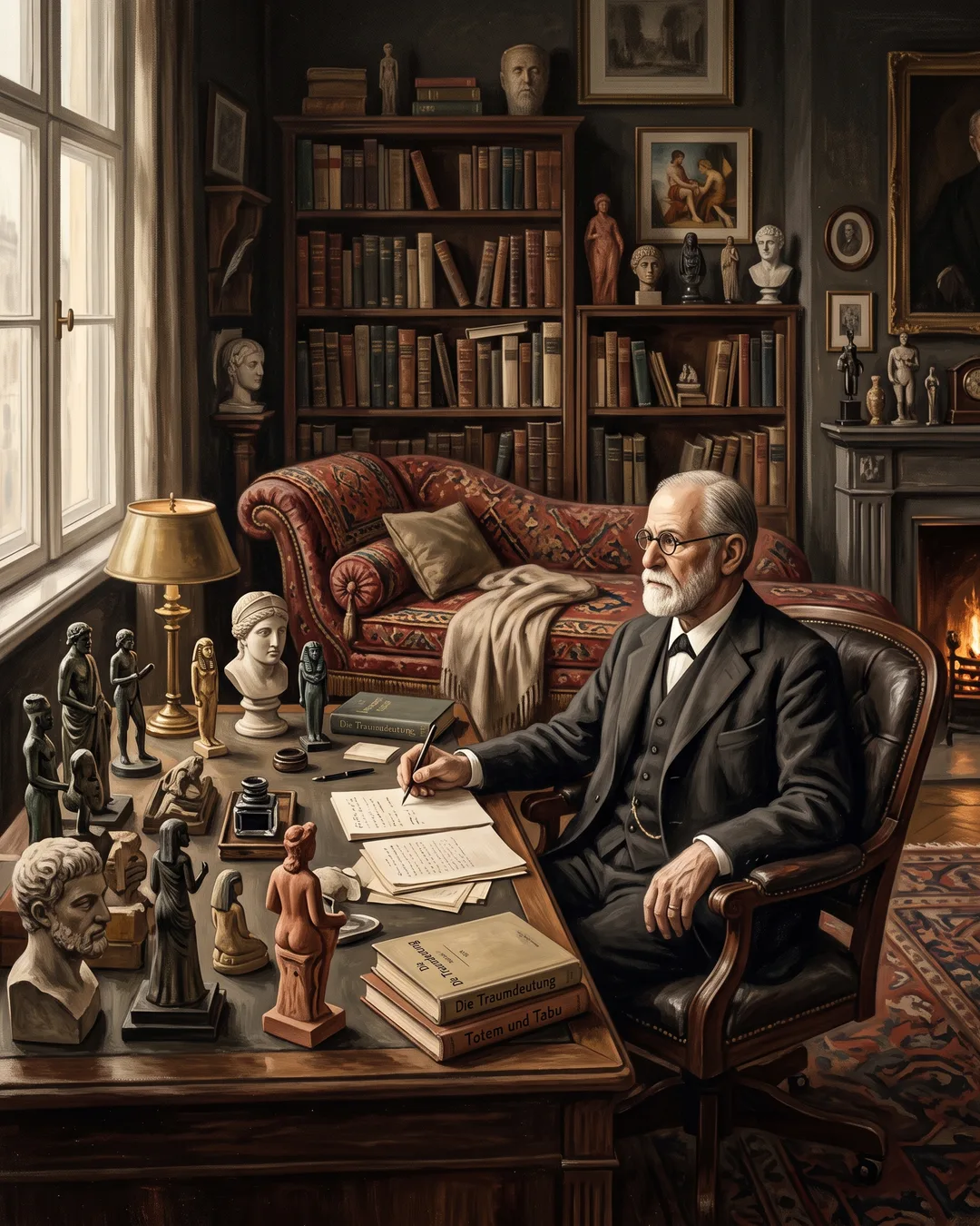 Illustrated portrait of Sigmund Freud in his Vienna consulting room, cigar in hand, the famous couch and rows of antiquities behind him.