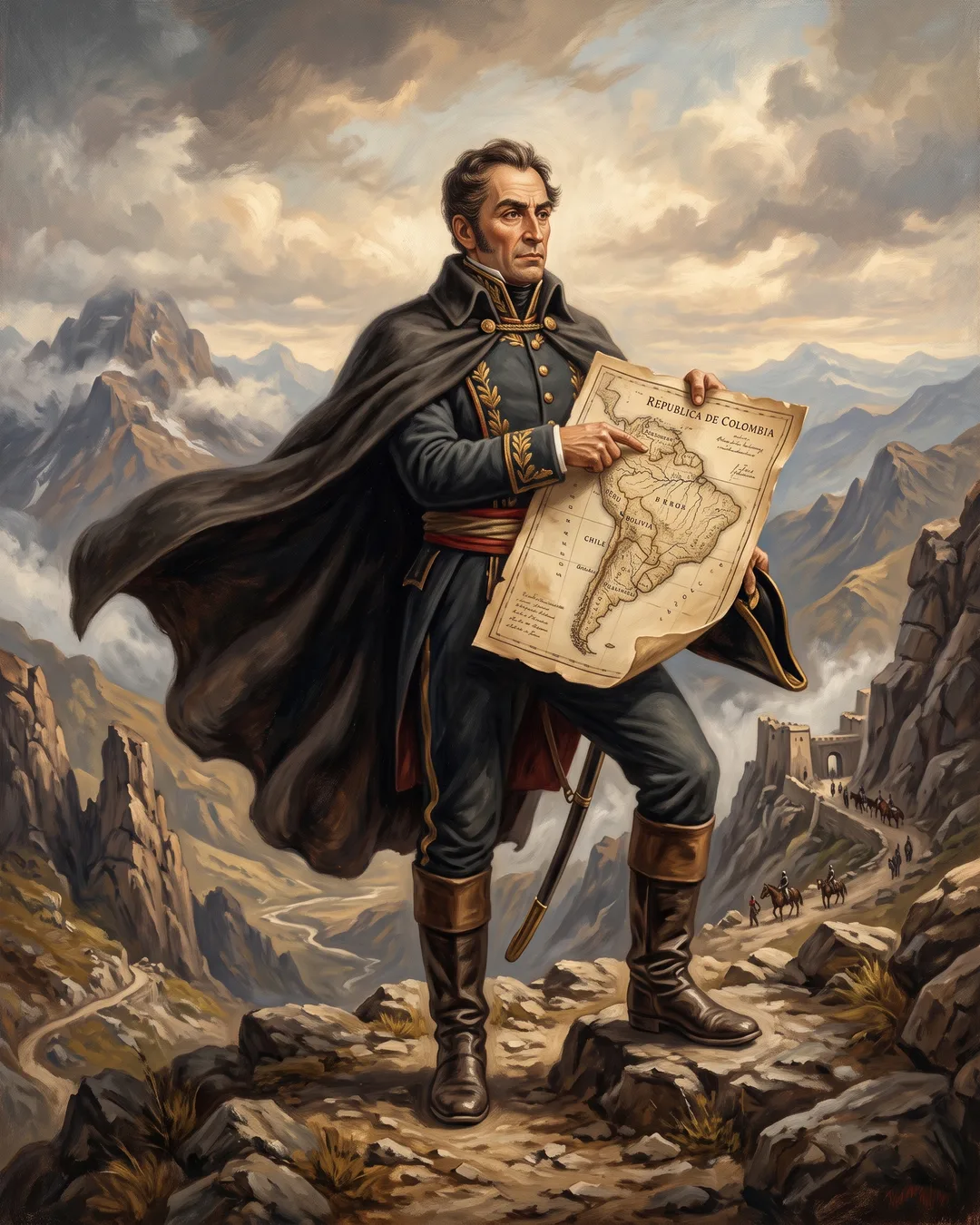 Illustrated portrait of Simon Bolivar in a worn campaign coat on a high Andean ridge, wind pulling at a column of soldiers below.