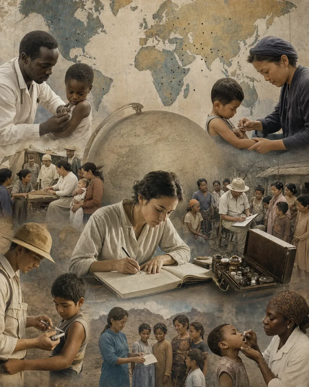 Historical public-health workers coordinating smallpox vaccination and records around a world map