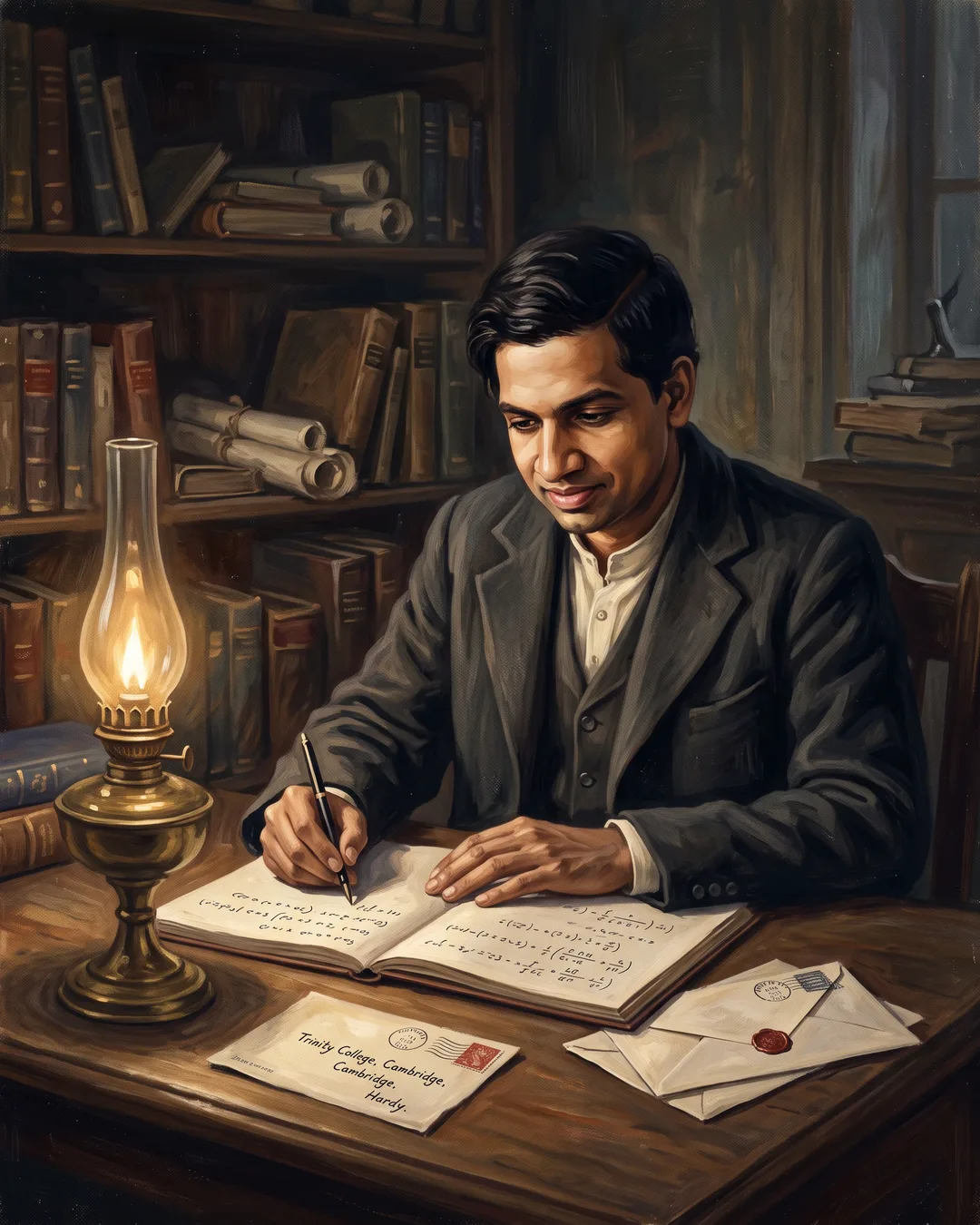 Illustrated portrait of Srinivasa Ramanujan seated cross-legged with a slate on his knee, formulas chalked in dense columns around him.