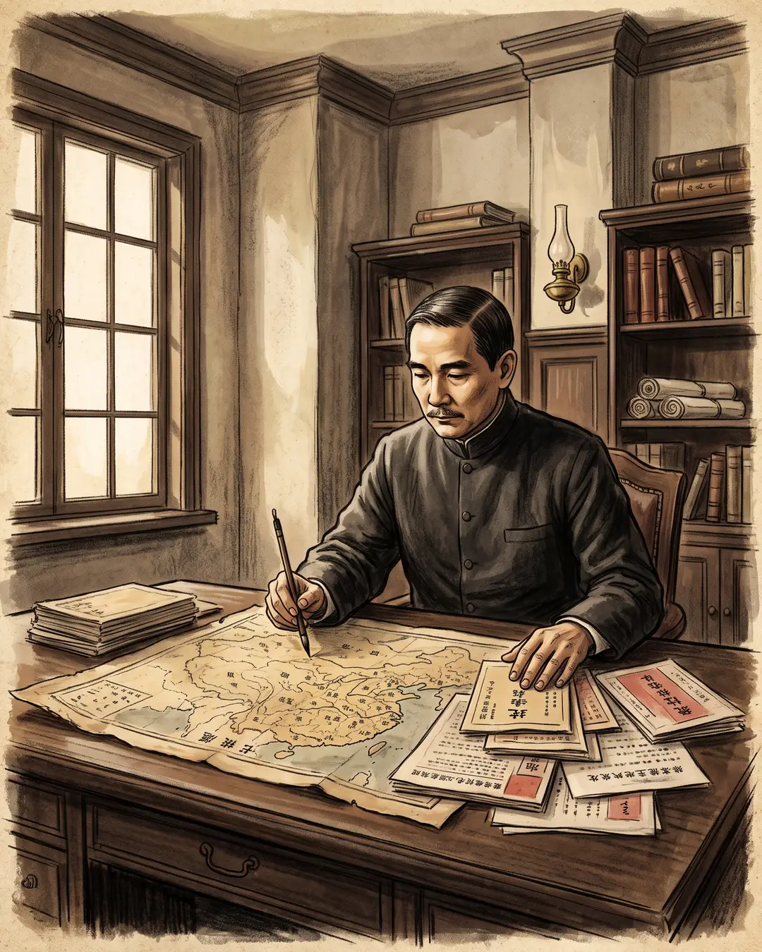 Illustrated portrait of Sun Yat-sen in a high-collared tunic before a map of China, steamship tickets and pamphlets spread across the table.