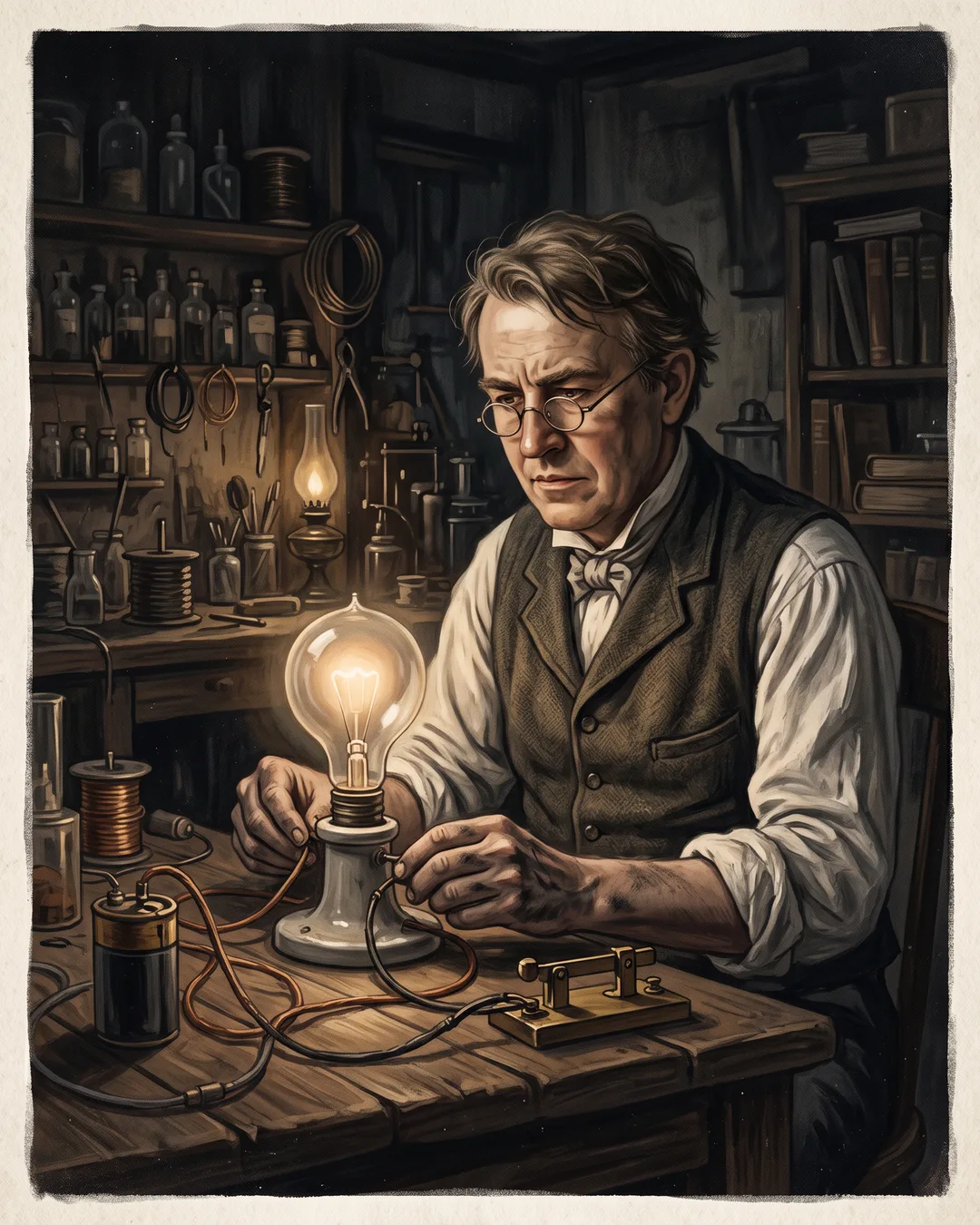 Illustrated portrait of Thomas Edison at a workbench in the Menlo Park laboratory at midnight, assistants at benches receding behind him.