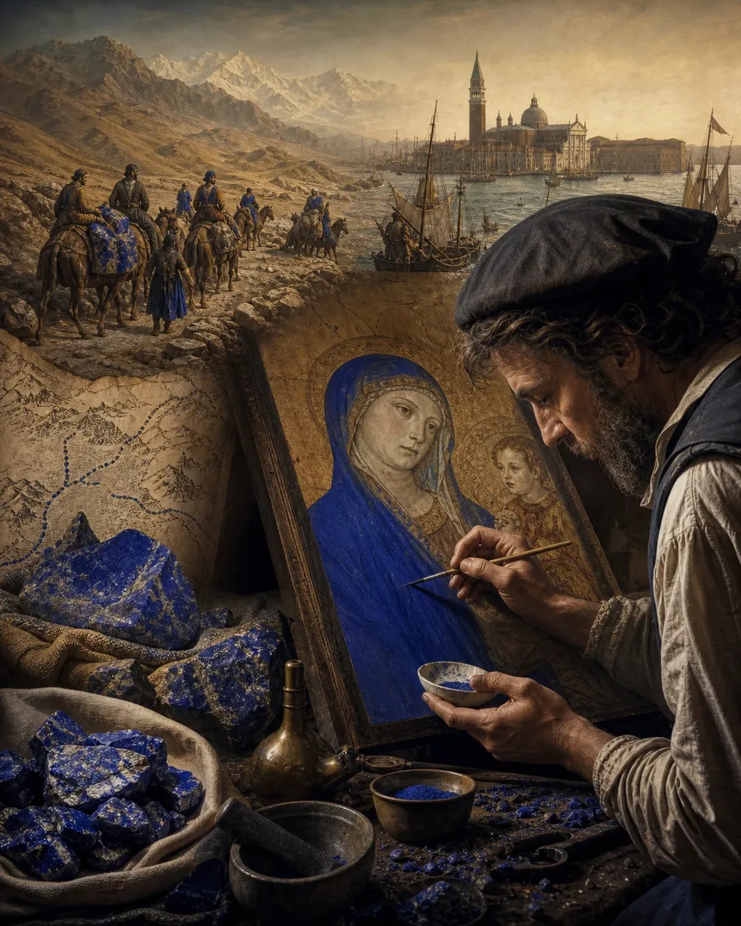 Lapis lazuli, a trade route map and a Renaissance painter using ultramarine pigment