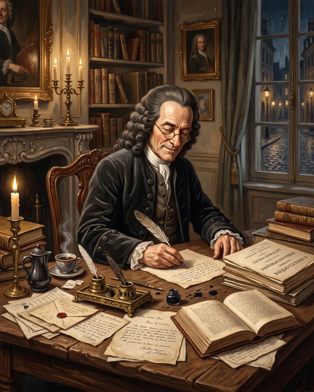 Illustrated portrait of an elderly Voltaire at Ferney, quill raised mid-sentence, a wry smile on his thin face.